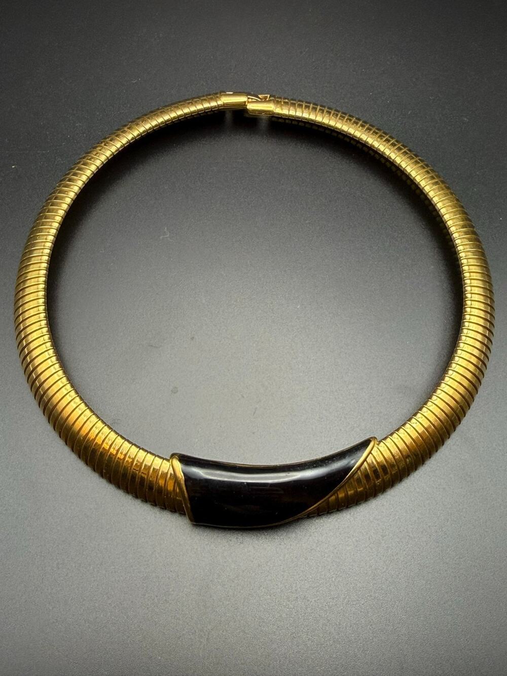 Vintage Monet Necklace Wide Omega Flex Chain Gas Pipe Gold Tone & Black Enamel